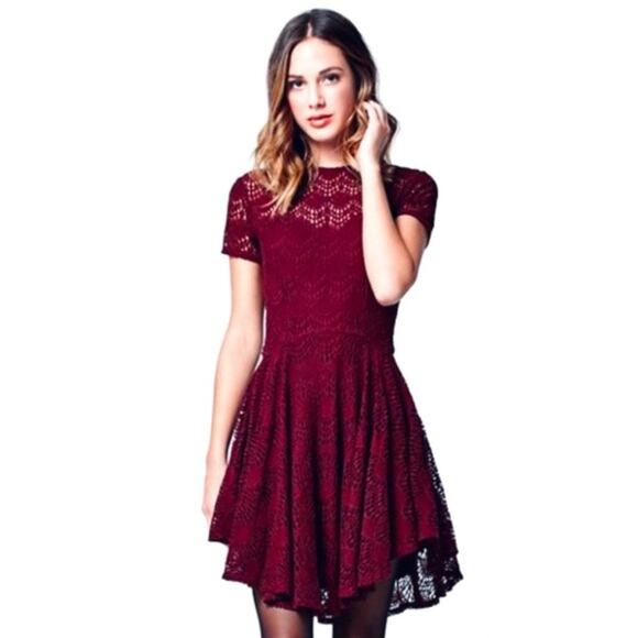 Kendall & Kylie Women's Maroon Lace Fit and Flare Mini Skater Dress Large - Picture 1 of 6